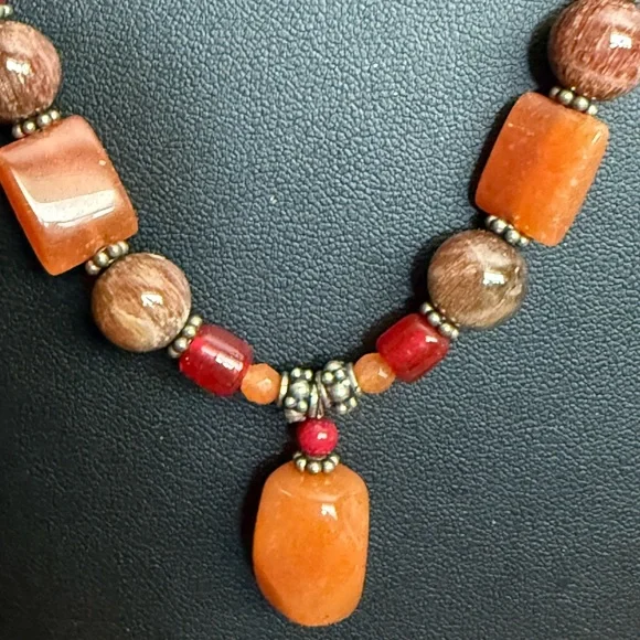 Bohemian Orange and Red Beaded Necklace - Picture 2 of 13